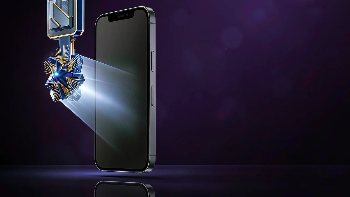 Smartphone with floating geometric icons